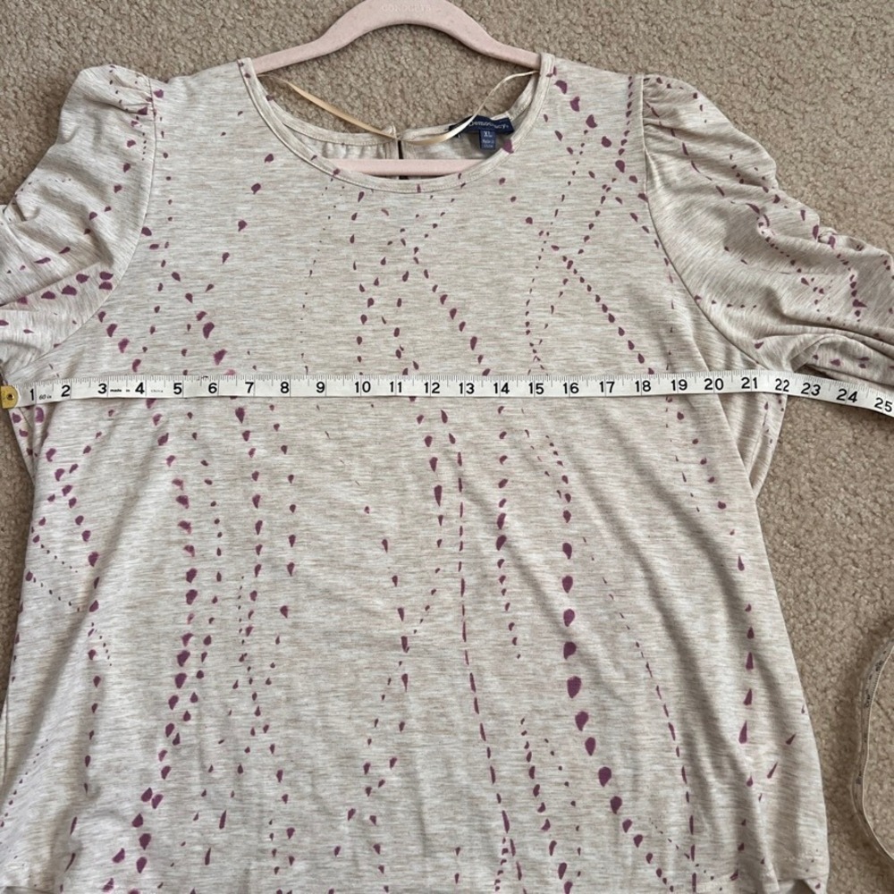 Democracy Womens Top XL Beige Purple Abstract Print Ruched Sleeve Blouse - Picture 9 of 11